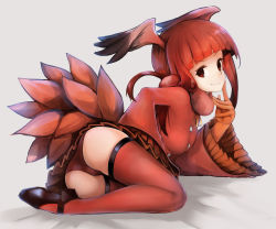 Rule 34 | &gt;:), 10s, 1girl, ass, blunt bangs, buttons, finger to cheek, fur collar, hachachi, head wings, kemono friends, long hair, long sleeves, looking at viewer, lying, miniskirt, on side, panties, pleated skirt, red eyes, red hair, red panties, red shirt, red skirt, red thighhighs, scarlet ibis (kemono friends), shirt, skirt, smile, solo, thighhighs, underwear, v-shaped eyebrows, wide sleeves, wings