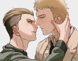 Rule 34 | 2boys, blonde hair, blush, eye contact, facial hair, from side, goatee stubble, hand on another&#039;s neck, highres, imminent kiss, looking at another, male focus, marley military uniform, multiple boys, mustache stubble, porco galliard, reiner braun, shingeki no kyojin, shirt, short hair, sssida3, stubble, yaoi