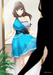Rule 34 | 1girl, absurdres, bare shoulders, black choker, blue dress, blue eyes, blue flower, blue rose, breasts, brown hair, choker, cleavage, commission, dress, flower, full-length mirror, grin, highres, indoors, large breasts, long hair, looking at mirror, lulu-chan92, mirror, original, plant, reflection, rose, sash, smile, thighs