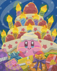 Rule 34 | birthday cake, blue eyes, blush stickers, cake, candle, closed mouth, fire, food, food focus, gift, happy, highres, kirby, kirby (series), miclot, nintendo, no humans, pink footwear, shoes, smile, sparkling eyes, star (symbol)