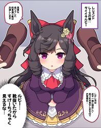 Rule 34 | 1girl, 1other, animal ears, black hair, bow, brown footwear, daiichi ruby (umamusume), dress, frilled dress, frills, from above, hair bow, highres, holding, holding shoes, horse ears, horse girl, long hair, long sleeves, looking at viewer, puffy long sleeves, puffy sleeves, purple dress, purple eyes, red bow, red eyes, shoes, speech bubble, takiki, umamusume