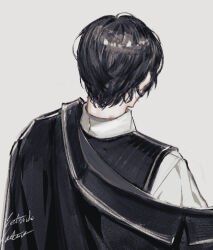 Rule 34 | 1boy, black hair, black vest, collared shirt, from behind, hickey, limbus company, long sleeves, male focus, project moon, satome setsuko, shirt, simple background, solo, upper body, vest, white background, white shirt, yi sang (project moon)