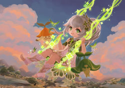 Rule 34 | 1girl, 2others, :d, ancolic, blurry, cloud, cloudy sky, commentary request, depth of field, detached sleeves, dress, genshin impact, gradient hair, green eyes, grey hair, hair between eyes, hair ornament, highres, long hair, looking at viewer, mountainous horizon, multicolored hair, multiple others, nahida (genshin impact), open mouth, pointy ears, short sleeves, side ponytail, sidelocks, sitting, sky, smile, stirrup legwear, swing, symbol-shaped pupils, toeless legwear, twilight, white dress