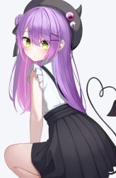 Rule 34 | 1girl, absurdres, black hat, black ribbon, black skirt, commentary request, demon tail, ear piercing, fake horns, from behind, hair between eyes, hair bun, hair ornament, hair ribbon, hairclip, hat, heart, heart tail, highres, hololive, horned headwear, horns, karou (lhscck302), long hair, looking at viewer, looking back, piercing, pleated skirt, purple hair, ribbon, shirt, simple background, single hair bun, skirt, sleeveless, sleeveless shirt, solo, squatting, tail, tokoyami towa, virtual youtuber, white background, white shirt, x hair ornament