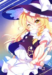 Rule 34 | 1girl, blush, bow, braid, hat, hat bow, kirisame marisa, one eye closed, paragasu (parags112), side braid, solo, touhou, v, wink, witch hat, yellow eyes
