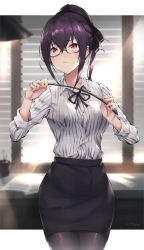 Rule 34 | 1girl, alternate costume, alternate hairstyle, bespectacled, black-framed eyewear, black pantyhose, black skirt, blurry, blurry background, breasts, ceiling light, closed mouth, collared shirt, commentary request, cowboy shot, depth of field, desk, dress shirt, fate/grand order, fate (series), glasses, hair between eyes, hair bun, hair ribbon, highres, holding, light frown, long sleeves, looking at viewer, office lady, pantyhose, parfaitlate, pencil skirt, pointer, purple hair, red eyes, ribbon, scathach (fate), semi-rimless eyewear, shirt, shirt tucked in, sidelocks, single hair bun, skirt, small breasts, solo, striped clothes, striped shirt, teacher, under-rim eyewear, vertical-striped clothes, vertical-striped shirt, white shirt, window blinds