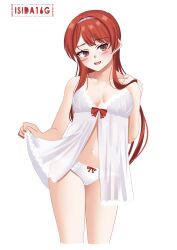 Rule 34 | 1girl, artist logo, artist name, babydoll, breasts, cleavage, feet out of frame, hairband, highres, holding, ishida arata, kantai collection, long hair, looking at viewer, medium breasts, nevada (kancolle), panties, red eyes, red hair, simple background, smile, solo, underwear, underwear only, white babydoll, white background, white hairband, white panties