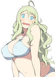 Rule 34 | 1girl, @ @, accio, ahoge, bikini, blue bikini, blue eyes, breasts, covered erect nipples, female focus, green hair, hair between eyes, large breasts, long hair, looking at viewer, navel, open clothes, original, sidelocks, simple background, solo, strap gap, swimsuit, wavy mouth, white background