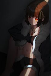 Rule 34 | 1girl, absurdres, bandeau, bare legs, black jacket, black shorts, brown hair, closed mouth, commission, expressionless, fur trim, gimseol, hair ribbon, highres, jacket, jewelry, knee up, long sleeves, looking at viewer, midriff, mole, mole under eye, navel, necklace, open clothes, open jacket, original, red eyes, ribbon, short hair, short shorts, shorts, sitting, solo, stomach, strapless, tube top