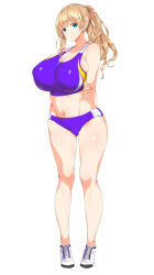 1girl arms_behind_back blonde_hair breasts cameltoe cleavage collarbone curvy green_eyes highres holding_own_arm huge_breasts legs long_hair looking_at_viewer mia_stewartson navel nipples ponytail raidon rikujoubu_joshi_wa_ore_no_nama_onaho!!! shoes simple_background smile solo sports_bra sportswear standing thighs