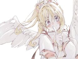 Rule 34 | 1girl, angel wings, blonde hair, blush, commentary request, feathered wings, finger to mouth, forehead jewel, gloves, high ponytail, highres, kaitou jeanne, kamikaze kaitou jeanne, long hair, looking at viewer, magical girl, purple eyes, shirt, simple background, solo, takeuchi (a3), white background, white gloves, white shirt, white wings, wings