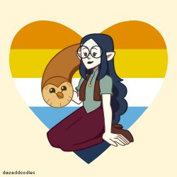 Rule 34 | 1girl, 1other, aroace flag, artist name, blue hair, brown fur, brown hair, dazeddoodles, full body, glasses, heart, highres, hooty (the owl house), lilith clawthorne, long hair, looking at another, owl boy, pale skin, pointy ears, simple background, smile, the owl house