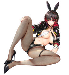 Rule 34 | 1girl, animal ears, bikini, black footwear, black hair, breasts, choker, cleavage, commentary request, fake animal ears, fishnet pantyhose, fishnets, full body, high heels, highres, jacket, large breasts, legs, looking at viewer, multicolored hair, navel, o-ring, o-ring choker, o-ring top, open clothes, open jacket, original, pantyhose, pumps, purple eyes, rabbit ears, red hair, shoes, short hair, simple background, stiletto heels, stomach, streaked hair, swimsuit, thigh strap, thighs, two-tone bikini, two-tone hair, warabino matsuri, white background, wrist cuffs