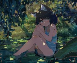 Rule 34 | 1girl, :o, animal ear fluff, animal ears, bad id, bad pixiv id, black hair, cat ears, forest, highres, kgt (pixiv12957613), leg up, lily pad, nature, original, outdoors, partially submerged, shade, sitting, solo, tank top, water