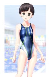 Rule 34 | 1girl, absurdres, black eyes, black hair, blue one-piece swimsuit, breasts, clothes writing, commentary request, competition swimsuit, contrapposto, cowboy shot, highres, indoors, lane line, looking at viewer, multicolored clothes, multicolored swimsuit, one-piece swimsuit, original, pool, short hair, small breasts, smile, solo, standing, string of flags, swimsuit, takafumi, translation request