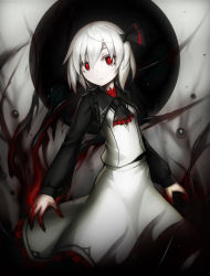 Rule 34 | 1girl, ascot, black ribbon, commentary request, darkness, expressionless, hair between eyes, hair ribbon, highres, long sleeves, looking at viewer, pale skin, red eyes, ribbon, rumia, short hair, skirt, skirt set, solo, spark621, touhou, vest, white hair, white skirt