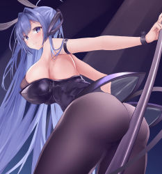 Rule 34 | animal ears, armband, arms behind back, ass, ass focus, ass press, azur lane, bent over, between buttocks, blue eyes, blue hair, blush, bodystocking, breasts, artistic error, fake animal ears, from behind, headgear, highres, large breasts, leaning forward, leotard, looking at viewer, looking back, naughty face, new jersey (azur lane), new jersey (exhilarating steps!) (azur lane), official alternate costume, pantyhose, playboy bunny, pole, pole dancing, rabbit ears, sideboob, skin tight, skindentation, smile, solo, stripper, stripper pole, wristband, wrong hand, yuuki shuri