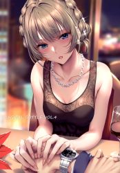 Rule 34 | 1girl, absurdres, alcohol, bare shoulders, blue eyes, blurry, blurry background, blush, breasts, brown hair, collarbone, cup, earrings, fingernails, highres, idolmaster, idolmaster cinderella girls, jewelry, lips, looking at viewer, medium breasts, mole, mole under eye, necklace, open mouth, out of frame, piromizu, simple background, sleeveless, takagaki kaede, upper body, watch, wine