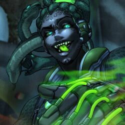 Rule 34 | 1boy, animal, colored skin, colored tongue, green eyes, green theme, green tongue, grey skin, highres, lucio (overwatch), male focus, official alternate costume, open mouth, overwatch, overwatch 1, snake, snake hair, solo, tongue, tongue out, upper body, wayaow2