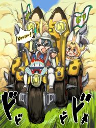 Rule 34 | 10s, animal ears, axe, black gloves, black hair, bow, bowtie, bucket hat, drill, gloves, hair between eyes, hat, hat feather, high-waist skirt, highres, holding, holding weapon, japari bus, japari symbol, kaban (kemono friends), kemono friends, lucky beast (kemono friends), mad max, motor vehicle, motorcycle, personification, red shirt, scar, serval (kemono friends), serval print, serval tail, shirt, short hair, shorts, skirt, striped tail, sunglasses, tail, translation request, vehicle, wavy hair, weapon