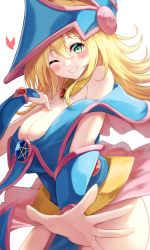 Rule 34 | 1girl, ;d, bare shoulders, blonde hair, blue dress, blush, breasts, cleavage, cowboy shot, curly hair, dark magician girl, detached sleeves, dress, green eyes, grin, hair between eyes, hand on own chest, hand up, happy, hat, heart, highres, igayan, large breasts, leaning forward, long hair, looking at viewer, medium breasts, off-shoulder dress, off shoulder, one eye closed, open mouth, outstretched arm, pentacle, pink skirt, reaching, reaching towards viewer, simple background, skirt, smile, solo, thighs, upskirt, wizard hat, yu-gi-oh!