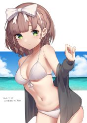 Rule 34 | 1girl, asuka hina, bare shoulders, bikini, black shirt, blush, bow, breasts, brown hair, cleavage, closed mouth, commentary request, dated, day, eyebrows hidden by hair, front-tie bikini top, front-tie top, green eyes, hair bow, hairband, halterneck, highres, hirota fruit, leaning forward, long sleeves, looking at viewer, medium breasts, navel, nijisanji, off shoulder, open clothes, open shirt, shirt, smile, solo, standing, swimsuit, twitter username, virtual youtuber, white bikini, white bow, white hairband