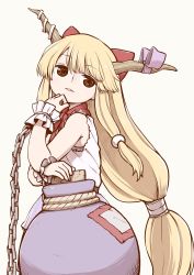 Rule 34 | 1girl, bare arms, bare shoulders, belt, black belt, blonde hair, bow, brown eyes, chain, commentary request, cowboy shot, cuffs, gourd, grey background, hair bow, hand up, head tilt, highres, horn ornament, horn ribbon, horns, ibuki suika, long hair, looking at viewer, low-tied long hair, oni, oni horns, parted lips, poronegi, purple ribbon, purple skirt, red bow, red neckwear, ribbon, shackles, shirt, sidelocks, simple background, skirt, sleeveless, sleeveless shirt, solo, touhou, very long hair, white shirt, wrist cuffs