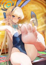 Rule 34 | 1girl, absurdres, animal ears, barefoot, blonde hair, blue archive, blue eyes, blush, fake animal ears, feet, highres, holding, holding shoes, leotard, long hair, looking at viewer, rabbit ears, shoes, unworn shoes, single shoe, soles, steam, sweat, toes, toki (blue archive), ursica, v