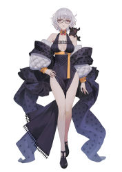 Rule 34 | 1girl, absurdres, bad id, bad pixiv id, belt, coat, cropped jacket, dress, fate/grand order, fate (series), full body, glasses, grey hair, hand on own hip, highres, jacques de molay (foreigner) (fate), lamb, looking at viewer, padded coat, purple eyes, seizou hidzuke, sheep, short dress, short hair, solo, white hair, yellow belt