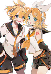 Rule 34 | 1boy, 1girl, black shorts, blonde hair, blue hair, brother and sister, detached sleeves, hair ornament, hairclip, headset, heart, highres, kagamine len, kagamine rin, kawasaki (kwsk 8765), looking at viewer, navel, neckerchief, necktie, open mouth, shorts, siblings, simple background, smile, solo, vocaloid, white background, yellow neckerchief, yellow necktie