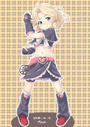 Rule 34 | 1girl, bike shorts, black capelet, black gloves, black shorts, black skirt, blonde hair, blue eyes, capelet, commentary request, cosplay, cure black, cure black (cosplay), cure white, fingerless gloves, frilled skirt, frills, futari wa precure, fyuo, gloves, highres, janus (kancolle), kantai collection, leg warmers, looking at viewer, midriff, panjandrum, parted bangs, plaid, plaid background, precure, short hair, shorts, shorts under skirt, skirt, smile, solo, standing