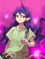 Rule 34 | 1girl, clothes writing, green shirt, highres, holding, holding syringe, horns, kaigen 1025, long hair, open mouth, pointy ears, purple hair, purple horns, red eyes, shirt, short sleeves, single horn, solo, syringe, tail, tenkajin chiyari, touhou, unfinished dream of all living ghost, upper body