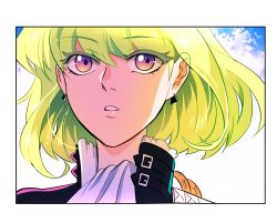Rule 34 | 1boy, androgynous, ascot, bae (baebae), black gloves, earrings, gloves, green hair, highres, jewelry, lio fotia, male focus, portrait, promare, purple eyes, solo, trap