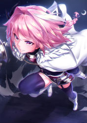 Rule 34 | 1boy, armor, astolfo (fate), black bow, black ribbon, black skirt, black thighhighs, boots, bow, braid, cloak, commentary request, crescent moon, fang, fate/apocrypha, fate (series), faulds, foreshortening, from above, fur-trimmed cloak, fur collar, fur trim, garter straps, gauntlets, hair intakes, hair ribbon, holding, holding weapon, knee boots, lance, leg up, long hair, long sleeves, looking away, male focus, moon, multicolored hair, pink hair, polearm, purple eyes, ribbon, running, single braid, skirt, solo, streaked hair, takatun223, thighhighs, trap, weapon, white cloak, white footwear, white hair