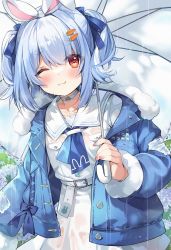 Rule 34 | 1girl, ;3, ayamy, belt, blue hair, blue jacket, blue neckerchief, blue ribbon, blush, choker, closed mouth, commentary request, dress, hair ornament, highres, holding, holding umbrella, hololive, jacket, long sleeves, looking at viewer, multicolored hair, nail polish, neckerchief, one eye closed, open clothes, open jacket, pink nails, rabbit-shaped pupils, rain, red eyes, ribbon, sailor collar, short eyebrows, solo, streaked hair, symbol-shaped pupils, thick eyebrows, two side up, umbrella, usada pekora, usada pekora (casual), virtual youtuber, white belt, white choker, white dress, white hair, white sailor collar
