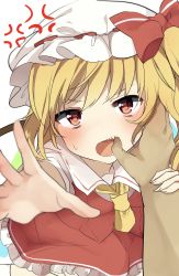 Rule 34 | 1girl, anger vein, arm grab, ascot, bad id, bad twitter id, blonde hair, blush, bow, crystal, feet out of frame, finger in another&#039;s mouth, flandre scarlet, grabbing, hat, hat bow, highres, karasusou nano, looking at viewer, mob cap, nose blush, one side up, open mouth, petticoat, pov, reaching, reaching towards viewer, red bow, red eyes, red skirt, red vest, short hair, simple background, skirt, skirt set, solo focus, sweat, teeth, touhou, vest, white background, white headwear, white legwear, wings, yellow ascot