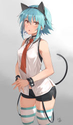 1girl absurdres animal_ears bare_shoulders black_hairband black_shorts blue_hair cat_ears commentary_request cowboy_shot fake_animal_ears gradient_background grey_background hair_between_eyes hairband highres looking_at_viewer michairu necktie open_mouth original red_necktie shirt short_hair short_shorts shorts simple_background sleeveless sleeveless_shirt solo striped_clothes striped_thighhighs thighhighs white_shirt wrist_cuffs yellow_eyes