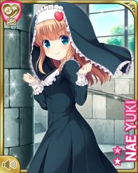Rule 34 | 1girl, arms up, black dress, blue eyes, brown hair, character name, clenched hands, dress, from side, girlfriend (kari), habit, hair ornament, heart, heart hair ornament, indoors, jewelry, long hair, looking back, necklace, official art, qp:flapper, smile, solo, stairs, window, yuuki nae