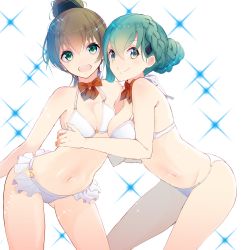 Rule 34 | 10s, 2girls, alternate hairstyle, aqua eyes, aqua hair, bikini, bow, bowtie, bra, braid, breasts, closed mouth, detached collar, french braid, gluteal fold, green eyes, hair ornament, hairclip, highres, hug, kantai collection, kumano (kancolle), large breasts, light brown hair, looking at viewer, medium breasts, multiple girls, navel, open mouth, panties, ponytail, red bow, red bowtie, sparkle background, suzuya (kancolle), swimsuit, tebi (tbd11), underwear, white background, white bikini, white bra, white panties