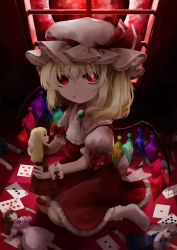 Rule 34 | 1girl, ascot, blonde hair, blouse, brooch, card, commentary request, crystal, doll, flandre scarlet, frilled skirt, frills, full body, green brooch, hat, hat ribbon, highres, holding, holding doll, indoors, jewelry, looking at viewer, maa (forsythia1729), medium hair, mob cap, moon, no shoes, playing card, puffy short sleeves, puffy sleeves, red eyes, red moon, red ribbon, red skirt, red vest, ribbon, ribbon-trimmed headwear, ribbon trim, shirt, short sleeves, skirt, skirt set, socks, solo, touhou, vest, white ascot, white hat, white shirt, white socks, window, wings, wrist cuffs