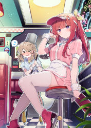 Rule 34 | &gt; &lt;, 2girls, absurdres, anna (ikeuchi tanuma), apron, bar stool, blush, booth seating, breasts, bucket, bucket on head, closed eyes, commentary request, diner, dress, hand in own hair, highres, holding, holding menu, holding mop, ikeuchi tanuma, indoors, inline skates, light brown hair, looking at viewer, medium breasts, medium hair, menu, mop, multiple girls, neon lights, object on head, open mouth, original, purple eyes, red hair, roller skates, short sleeves, sitting, skates, spoken sweatdrop, stool, sweatdrop, thighhighs, tino (ikeuchi tanuma), twintails, waitress, wavy mouth, white thighhighs, wrist cuffs, zettai ryouiki