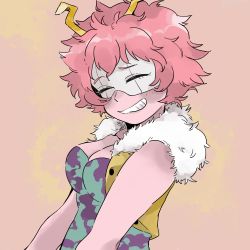 Rule 34 | 10s, 1girl, ^ ^, ashido mina, bare arms, blush, boku no hero academia, breasts, cleavage, closed eyes, closed mouth, collarbone, collared vest, colored skin, commentary request, eyebrows visible through mask, closed eyes, facing viewer, female focus, fur collar, grin, horns, konno (2xxxxxx), mask, open clothes, open vest, pink hair, pink skin, short hair, smile, solo, upper body, vest