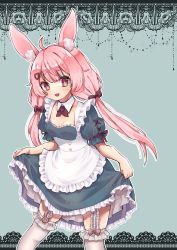 Rule 34 | 1girl, ahoge, alternate costume, animal ear fluff, animal ears, apron, blue background, blue dress, breasts, cleavage, clothes lift, detached collar, dress, dress lift, enmaided, eyebrows, garter straps, hair ornament, hairclip, highres, lifting own clothes, long hair, low twintails, maid, mao hinata, open mouth, pink eyes, pink hair, rabbit ears, simple background, small breasts, smile, solo, thighhighs, tomari mari, tomari mari channel, twintails, virtual youtuber, white apron, white thighhighs, zettai ryouiki
