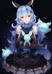 Rule 34 | 1girl, animal ears, bad id, bad pixiv id, bare shoulders, blue dress, blue hair, breasts, curly hair, dress, earrings, elbow gloves, erune, expressionless, ferry (granblue fantasy), frilled dress, frills, fur-trimmed collar, fur trim, ghost, gloves, granblue fantasy, hair between eyes, hair ornament, highres, hug, jewelry, long hair, medium breasts, pleated dress, rabbit ears, scal2let, single earring, smile, solo, very long hair, x hair ornament, yellow eyes