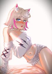 Rule 34 | 1girl, absurdres, animal ear fluff, animal ears, blonde hair, blue eyes, blush, breasts, colored inner animal ears, cropped shirt, dog ears, dog girl, fang, frilled shorts, frills, highres, hikamio, hololive, hololive english, long sleeves, looking at viewer, medium breasts, midriff, mococo abyssgard, mococo abyssgard (1st costume), multicolored hair, navel, no bra, nose blush, off shoulder, open mouth, pink hair, shirt, shorts, sitting, skin fang, solo, stomach, streaked hair, thighs, virtual youtuber, white shirt, white shorts, yokozuwari