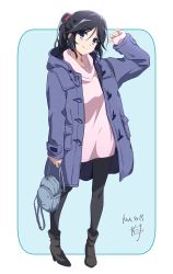 Rule 34 | 1girl, alternate costume, ankle boots, arm up, bag, black hair, black pantyhose, blue background, blue eyes, blush, boots, brown footwear, casual, closed mouth, coat, dated, duffel coat, full body, grey coat, hair between eyes, hair ornament, hair scrunchie, head tilt, hibike! euphonium, high heel boots, high heels, highres, holding, holding bag, hood, hood down, hoodie, kasaki nozomi, long hair, long sleeves, looking at viewer, nii manabu, open clothes, open coat, pantyhose, parted bangs, pink hoodie, ponytail, scrunchie, sidelocks, signature, sleeves past wrists, smile, solo, standing, two-tone background
