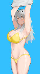 Rule 34 | 1girl, absurdres, armpits, arms up, bikini, blue background, breasts, cleavage, commentary, cowboy shot, grey hair, hair intakes, highres, honkai: star rail, honkai (series), large breasts, long hair, looking at viewer, navel, solo, standing, stelle (honkai: star rail), stomach, swimsuit, thighs, tofudofu, trailblazer (honkai: star rail), yellow bikini, yellow eyes