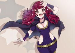 Rule 34 | 1girl, absurdres, belt, black cape, blush, breasts, cape, choker, cleavage, clothing cutout, commentary request, dress, drop shadow, fire emblem, fire emblem engage, gradient background, hair ornament, hand up, highres, long hair, looking at viewer, medium breasts, nintendo, open mouth, pink choker, red eyes, red hair, short sleeves, side cutout, signature, simple background, solo, standing, star (symbol), star hair ornament, star tattoo, tattoo, yunaka (fire emblem), zero-theme