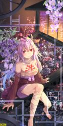 Rule 34 | 1girl, animal ears, ashgray, bandages, bandaged leg, bandages, bare shoulders, barefoot, breasts, cleavage, flower, japanese clothes, kerberos blade, kimono, long hair, looking at viewer, medium breasts, official art, omc, outdoors, purple hair, red eyes, sarashi, sitting, smile, solo, wheel