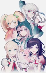 5girls apron black_bow black_hair blonde_hair blush bow bowknot_huhu braid breasts brown_hair collared_shirt danganronpa_(series) danganronpa_2:_goodbye_despair dress flipped_hair galaga glasses grey_hair hair_ornament hair_ribbon highres jacket japanese_clothes kimono long_hair long_sleeves looking_at_viewer medium_hair monomi_(danganronpa) multiple_girls nanami_chiaki neck_ribbon open_clothes open_jacket open_mouth orange_kimono pekoyama_peko pink_eyes pink_shirt puffy_short_sleeves puffy_sleeves red_eyes ribbon saionji_hiyoko school_uniform shirt short_sleeves smile sonia_nevermind spaceship_hair_ornament teeth tsumiki_mikan twin_braids twintails white_shirt